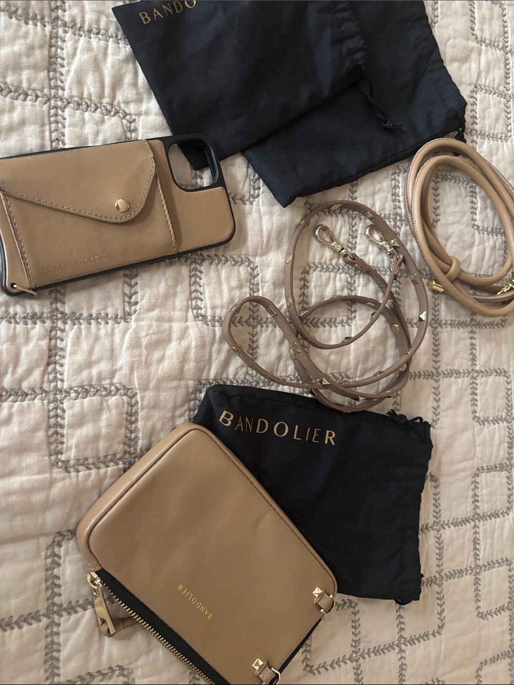 Bandolier Tan Leather Crossbody Straps with expanded pouch -iphone15